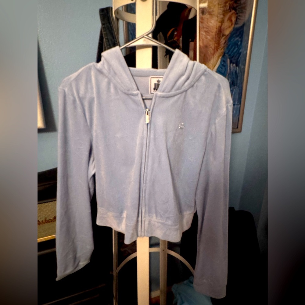 New without tag Y2K Juicy Couture Light Blue Velour Hoodie XL Rhinestone Logo
